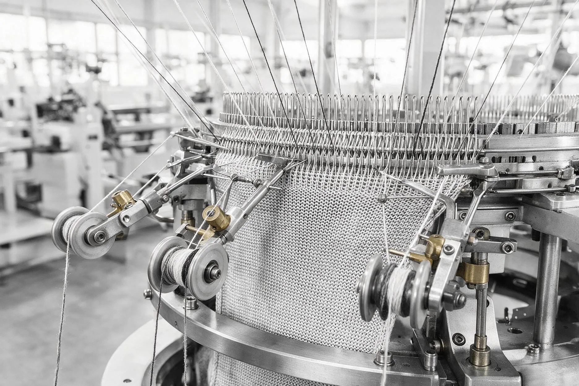 Needles and yarn feeds of an industrial circular knitting machine producing technical fabric