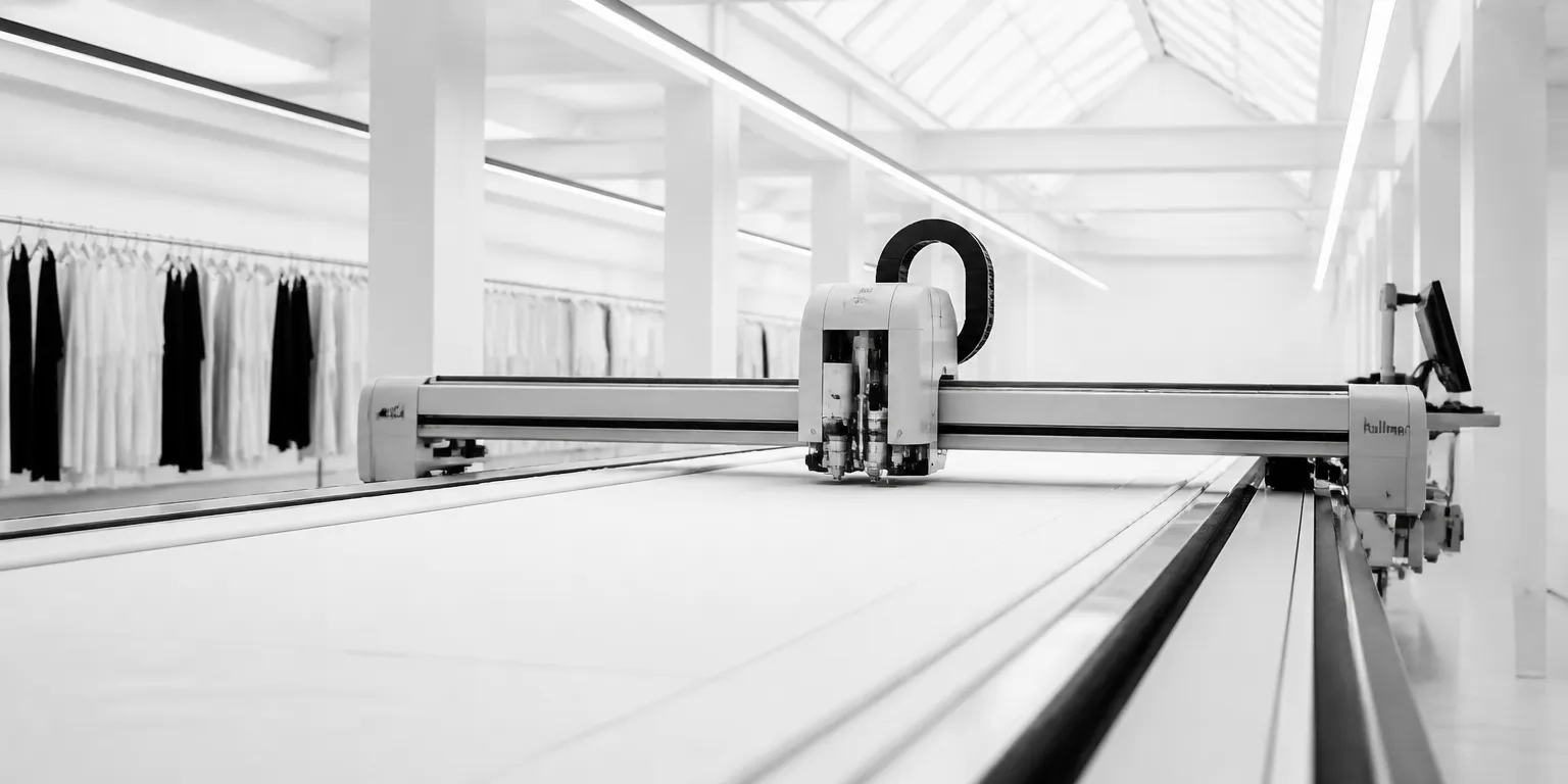 Automated CNC fabric cutting machine on a long table in a bright modern garment factory